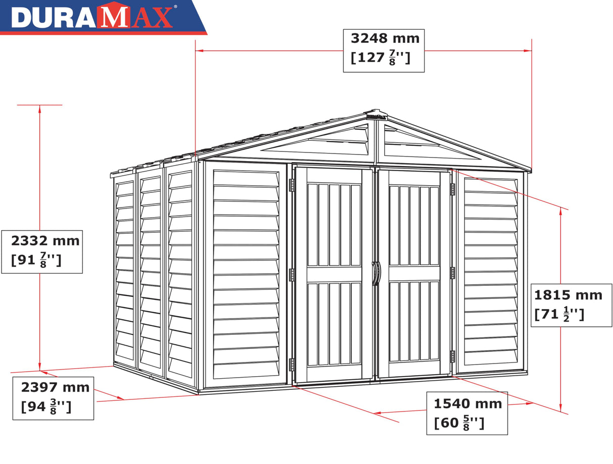 Duramax Woodbridge Plus 10.5 x 8 (8.02 m2) Plastic Garden Shed with 1 Fixed Window & Metal Foundation Kit, Strong Metal Roof Structure Fire Retardant and Maintenance-Free Storage Shed - Ivory/Brown DURAMAX