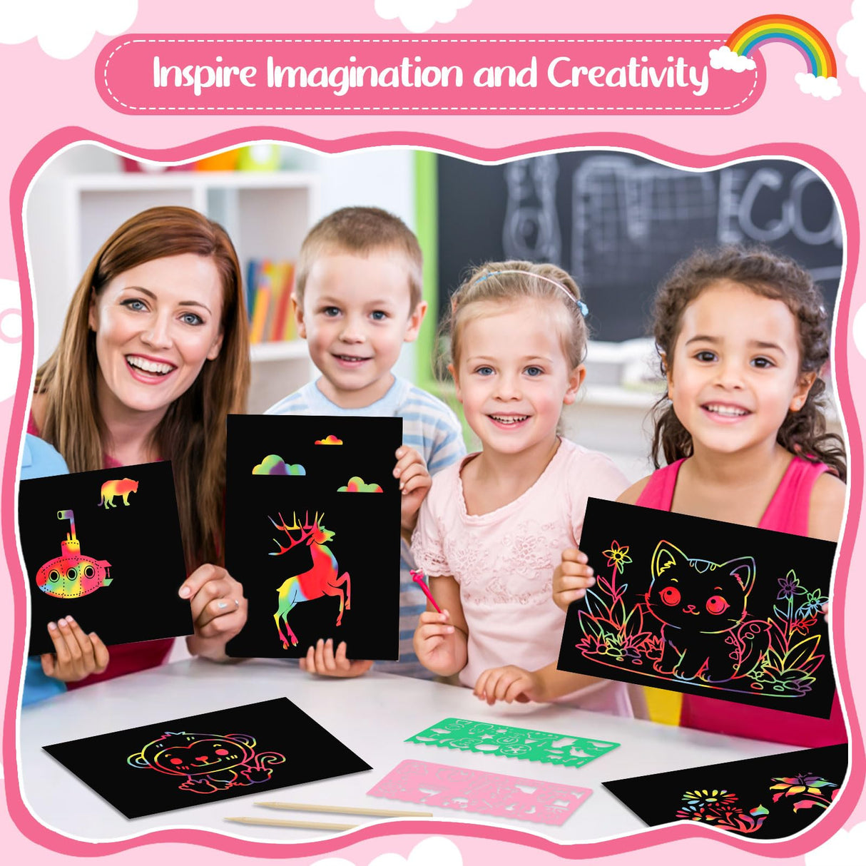 90 Pcs Scratch Art Paper Rainbow Sets, Scratch Paper Rainbow Black Scratch Off Paper Art Gifts for Kids Art Craft Supplies Kits Prudiut