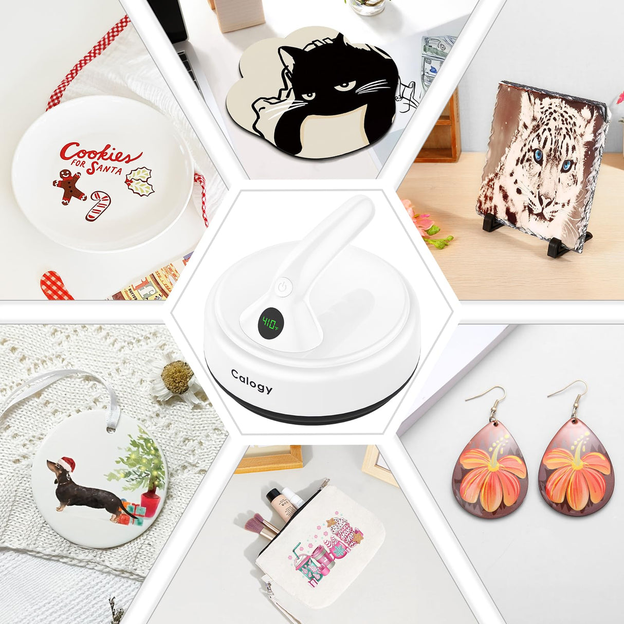 Calogy Mini Heat Press, 5" Diameter Round Heat Press Machine for T-Shirt Portable, 4 Levels Temp Max 410℉, Small Iron for Crafts, Coaster, Bag, Pillow, Ceramic, Sublimation Ink Vinyl Transfer (White) Calogy