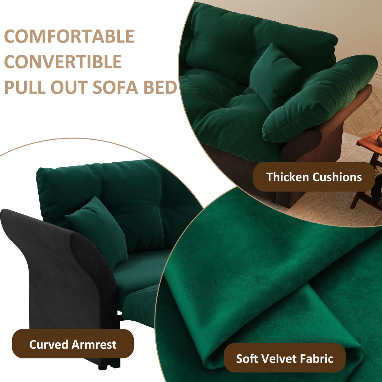 Neylory 74.8" Queen Pull Out Sofa Bed, 3 in 1 Convertible Sleeper Sofa, Velvet Loveseat Couch for Living Room, Apartment, Small Space, Green Neylory