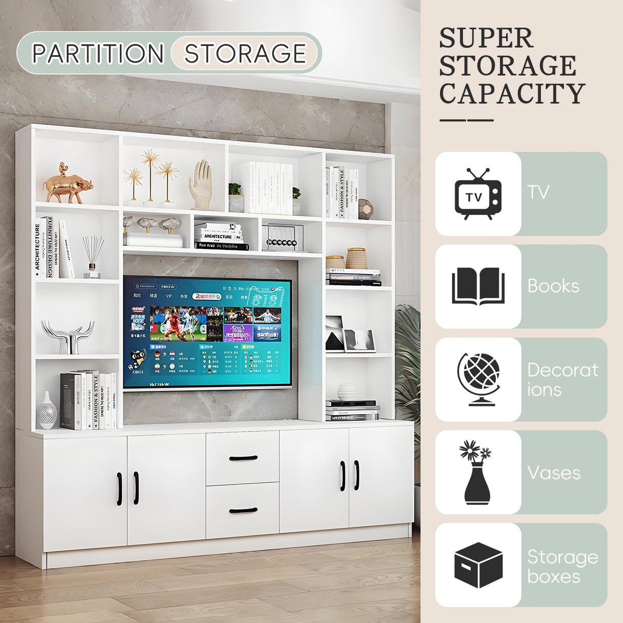 Modern TV Stand with Bookshelves, Entertainment Center with Cabinets & Storage Drawers, Fits up to 85-Inch TVs, Multifunctional Wall Unit for Living Room & Home Theater White 98.4" LSZMXI