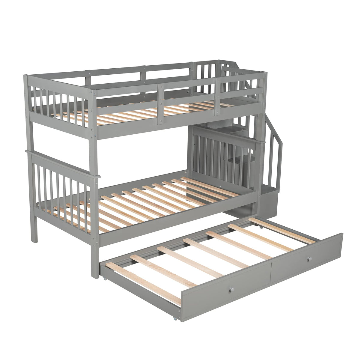 Harper & Bright Designs Twin Over Twin Bunk Bed with Trundle Bed and Storage Shelf, Kids Twin Size Bunk Bed with Stairs & Guard Rail, Wood Bunk Bed Frame for Kids, Teens, Adults,Gray Harper & Bright Designs