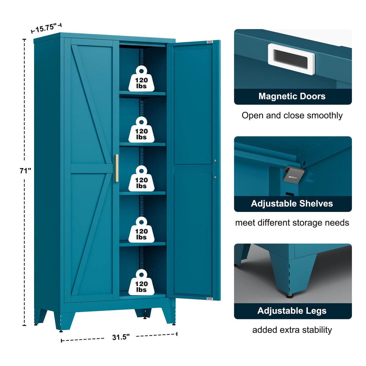 LCAOPC 71" Tall Metal Storage Cabinet with 2 Doors and 4 Adjustable Shelves, 5-Tier Kitchen Pantry Storage Cabinet for Kitchen, Living Room, Dining Room and Office, Blue LCAOPC