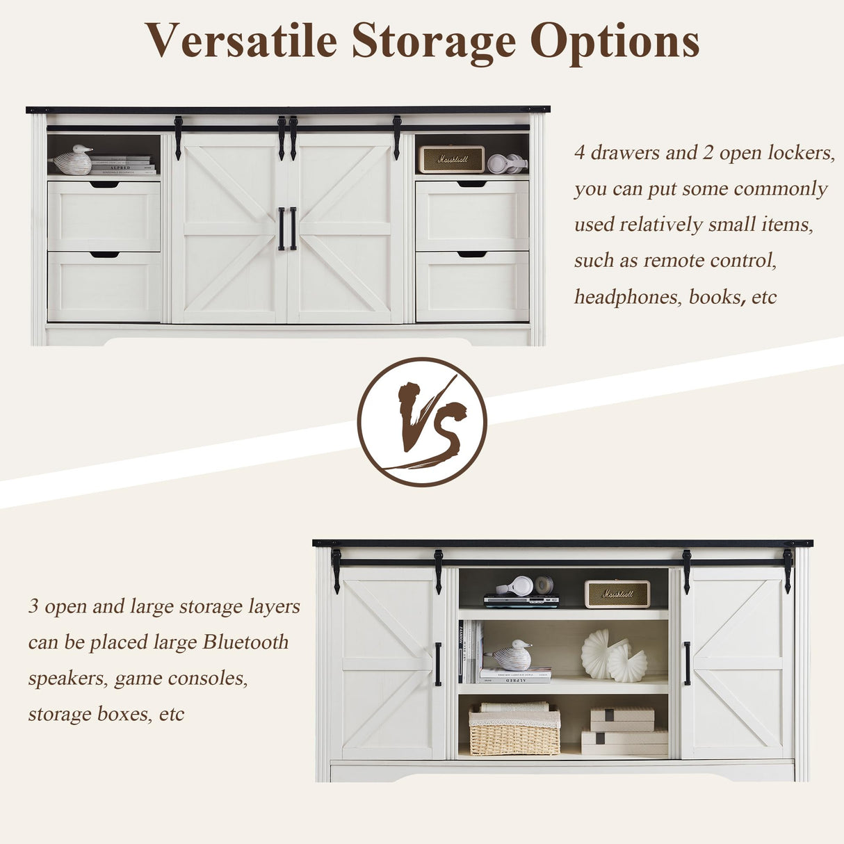 Farmhouse TV Stand for 75+ Inch TV, 32" Tall Entertainment Center w/4 Drawers & Sliding Barn Door, Rustic Media Console w/Storage Shelves, 66" Wood Television Stand for Living Room, Off White JXQTLINGMU