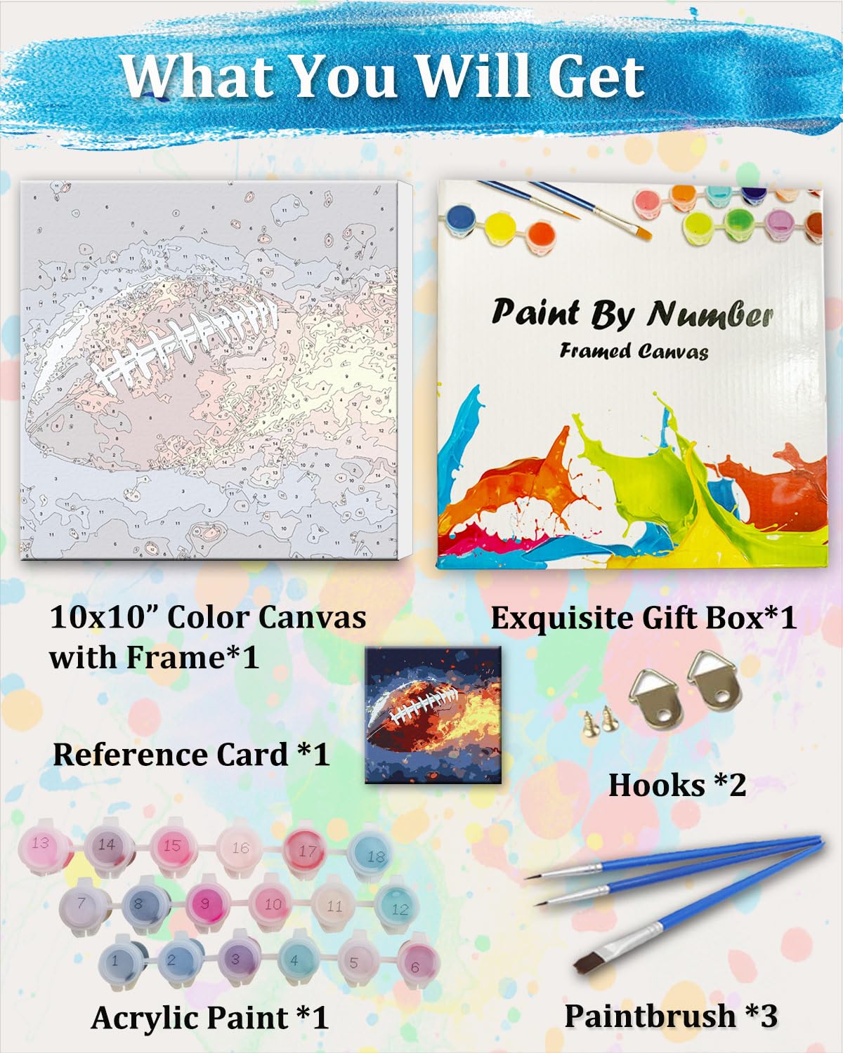 TOCARE Framed Paint by Numbers Kit for Adults Beginner & Kids Ages 8-12, American Football Paint by Number with Frame, Football Paint by Number Kits Canvas Framed (10x10 Inch, Without Easel) TOCARE