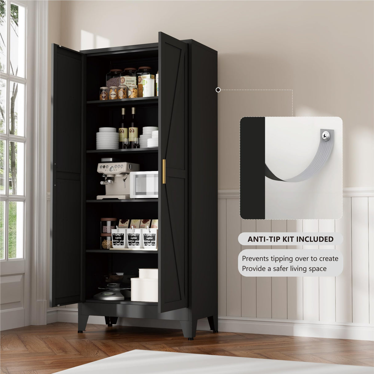 Bevivog 71" Kitchen Pantry Cabinet, Metal Storage Cabinet with 2 Doors and 4 Adjustable Shelves, Farmhouse Tall Metal Pantries Cabinets Storage for Kitchen, Home Office, Living Room, Dining Room Bevivog