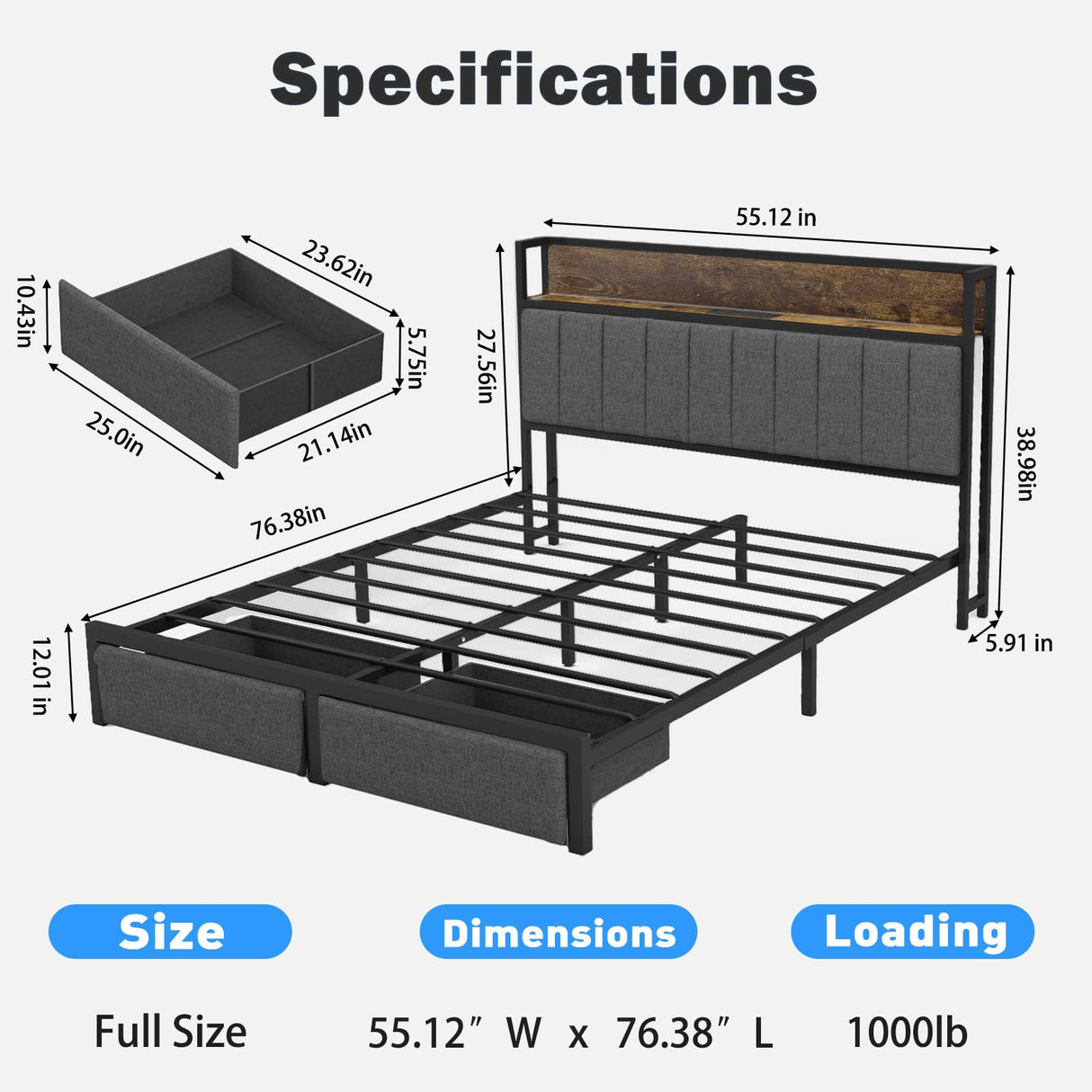 Full Size Bed Frame with Headboard Storage LED Bed with Sliding Drawers and Charging Station, No Box Spring Needed, Thickened Metal Slats, Easy Assembly Yeeloon