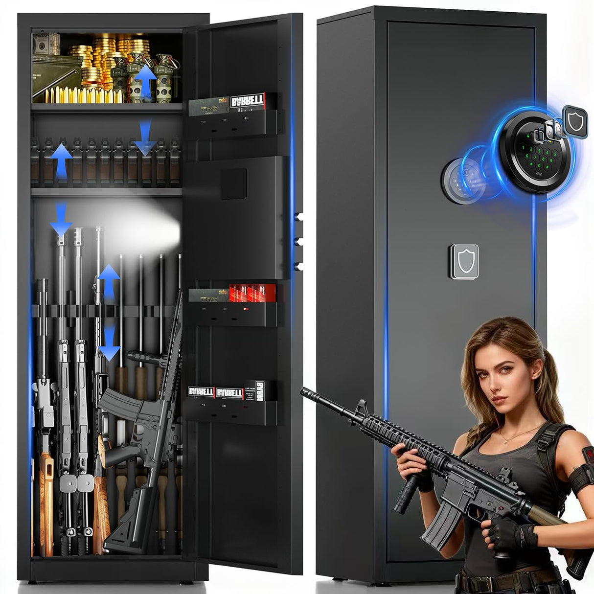 Lnoauys 8-10 Gun Safe for Rifles and Pistols, Gun Cabinets for Rifles and Shotguns, Long Gun Safe for Home Rifle and Pistols with Dual Alarm & Mute Mode, Gun Cabinet with Quick Access and Gun Rack Lnoauys
