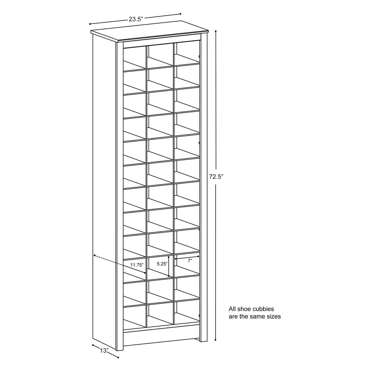 Prepac White Tall Storage Cabinet, Shoe Cabinet, Entryway Furniture with 36 Shoe Cubbies 13"D x 23.5" W x 72.5" H Prepac