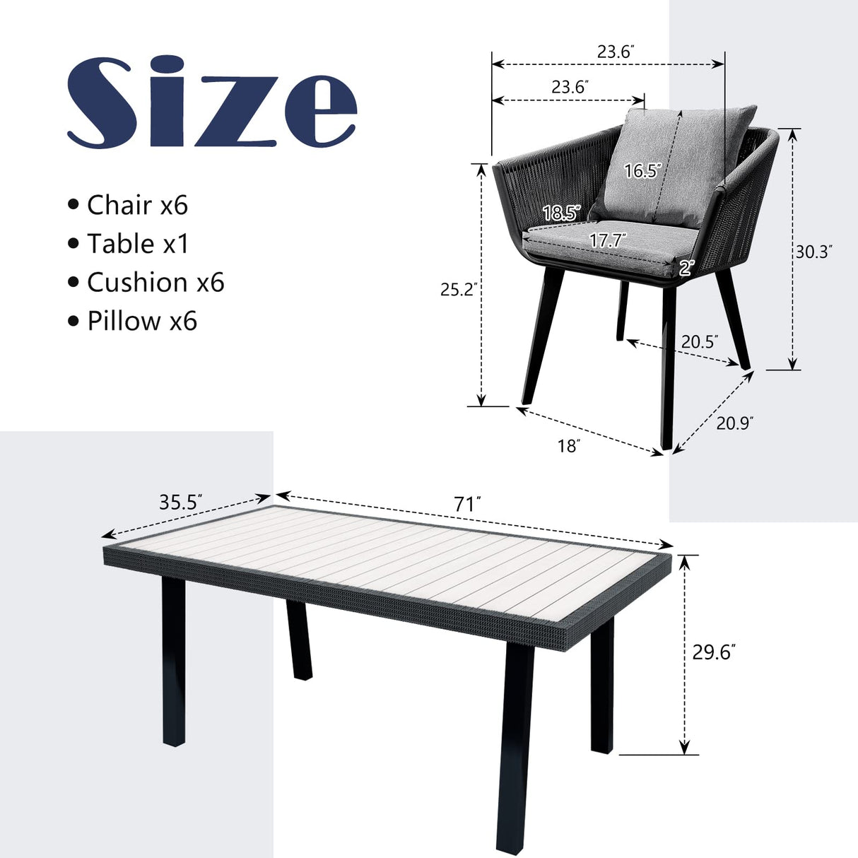 Home Care Wholesale 7 Pieces Patio Dining Set for 6 - All Weather Outdoor Dining Sets, All in One Outdoor Table and Chairs, Wicker Outdoor Patio Furniture Sets with Cushions and Pillows, Grey Home Care Wholesale