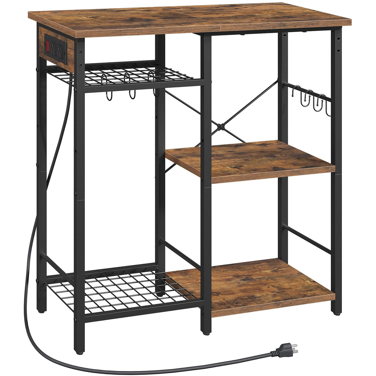 MAHANCRIS Bakers Rack with Power Outlet, Microwave Stand with Adjustable Mesh Rack, Coffee Bar Station, Kitchen Storage Racks with 6 S Hooks, for Kitchen, Dining Room, Rustic Brown and Black BRHR80E01 MAHANCRIS