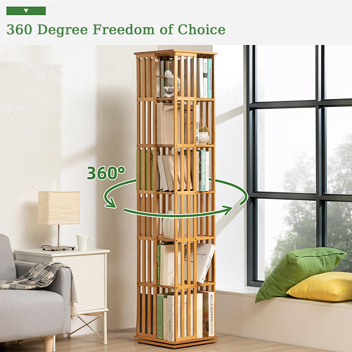 Teal Bamboo 360° Rotating Bookshelf with Open Shelving for Stylish Storage WoodArtSupply