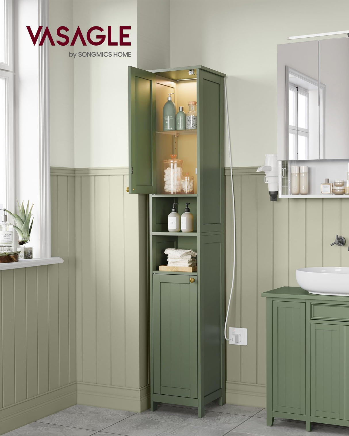 VASAGLE Tall Bathroom Cabinet with Lights, Slim Bathroom Storage Cabinet, Freestanding Narrow Cabinet with Adjustable Shelves, for Small Spaces, Modern, 11.8 Inches Wide, Forest Green UBBC566C01 VASAGLE