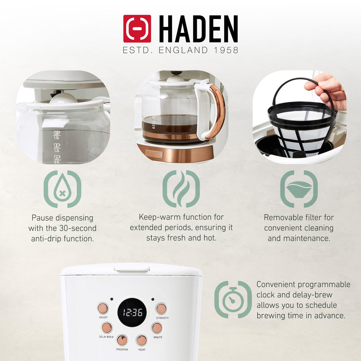 Haden Coffee Machine, 12 Cup Programmable Drip Coffee Maker with Auto Shut-Off Function and Reusable Washable Water Filter, Ivory & Copper HADEN