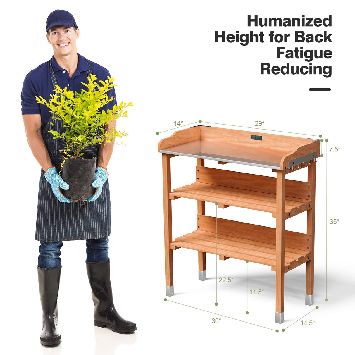 OFFICEJOY Outdoor Potting Bench, 3 Tier Wooden Garden Workstation Table w/Iron Tabletop, 2 Wood Shelf, 5 Hooks, Multifuction Work Station Table Rack for Garden, Backyard, Kitchen, Garage (Deep Oak) OFFICEJOY