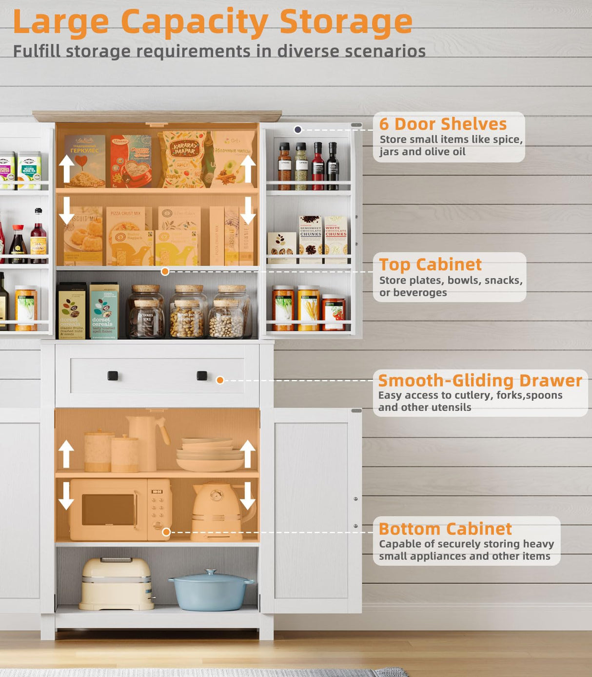 Memobarco 72" Kitchen Pantry Cabinet,Tall Storage Cabinet with 4 Doors Shelves,2 Cabinets,Drawer,Adjustable Shelves,Freestanding Cupboard for Kitchen,Dining Room,Living Room,Laundry,White+Gray Memobarco