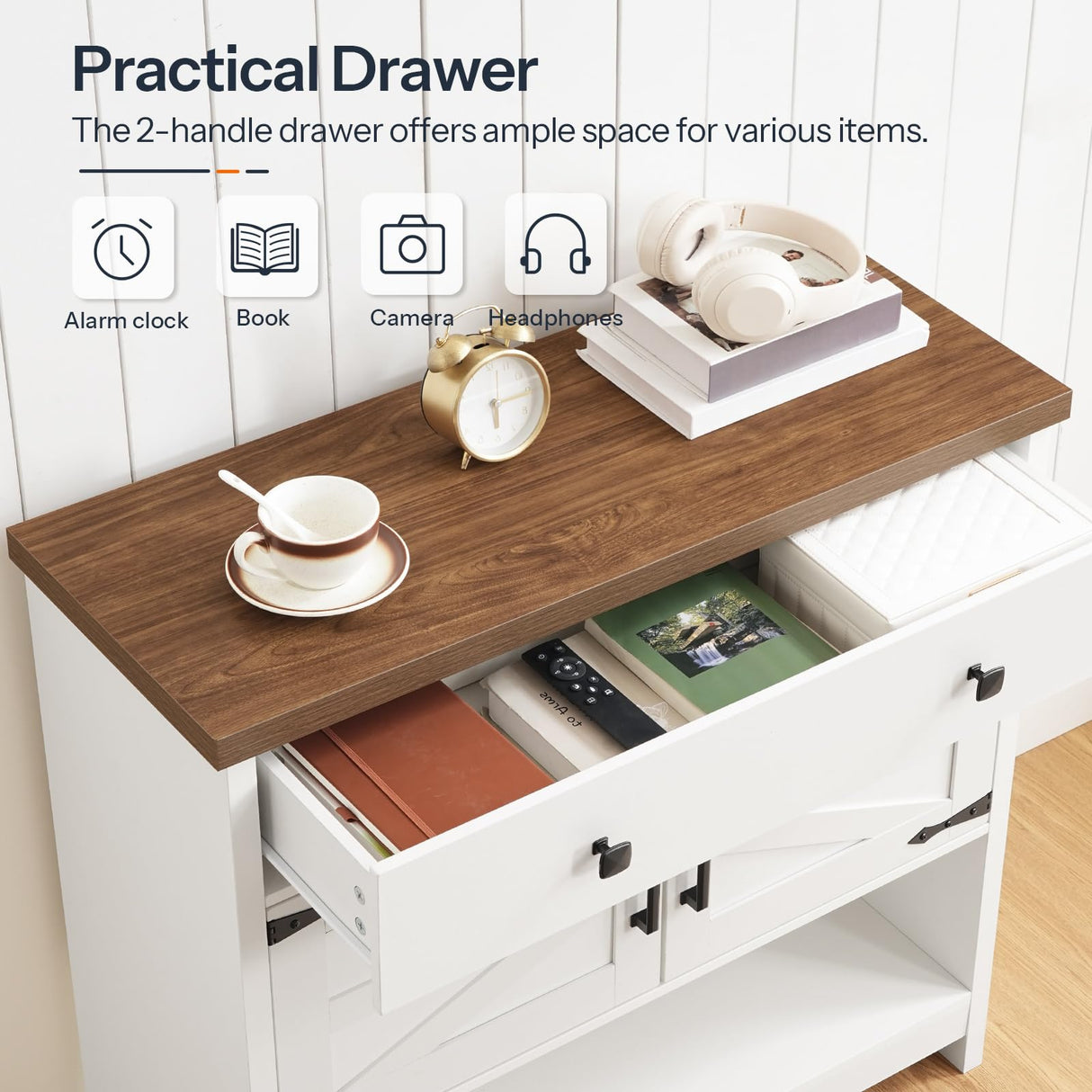 HOOBRO 34.3 Inches Farmhouse Console Table with Large Drawer and 2-Door Cabinet, Entryway Table with Storage, Sofa Table, Coffee Bar, for Entrance, Kitchen, Living Room, Walnut and White WH90XG01 HOOBRO