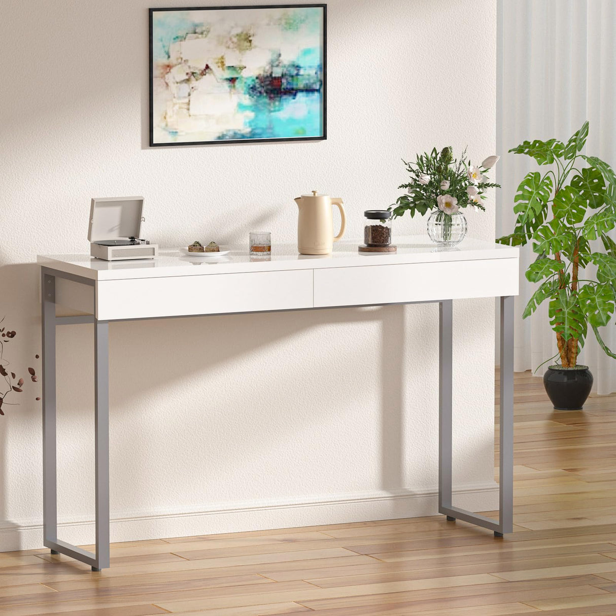 GreenForest Vanity Desk with 2 Drawers,47 inch White Desk with Glossy Desktop Easy Clean,Makeup Dressing Table with Metal Silver Legs for Home Office Small Spaces,Bedroom GreenForest