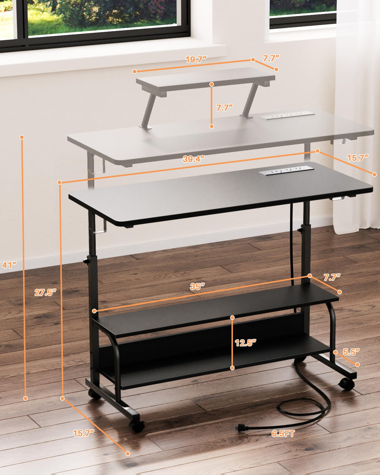 Height Adjustable Standing Desk with Power Outlets and LED Lights - 39" Manual Stand Up Desk with Monitor Stand and Storage Shelves Small Mobile Rolling Computer Desk Portable Laptop Table, Black Besiost