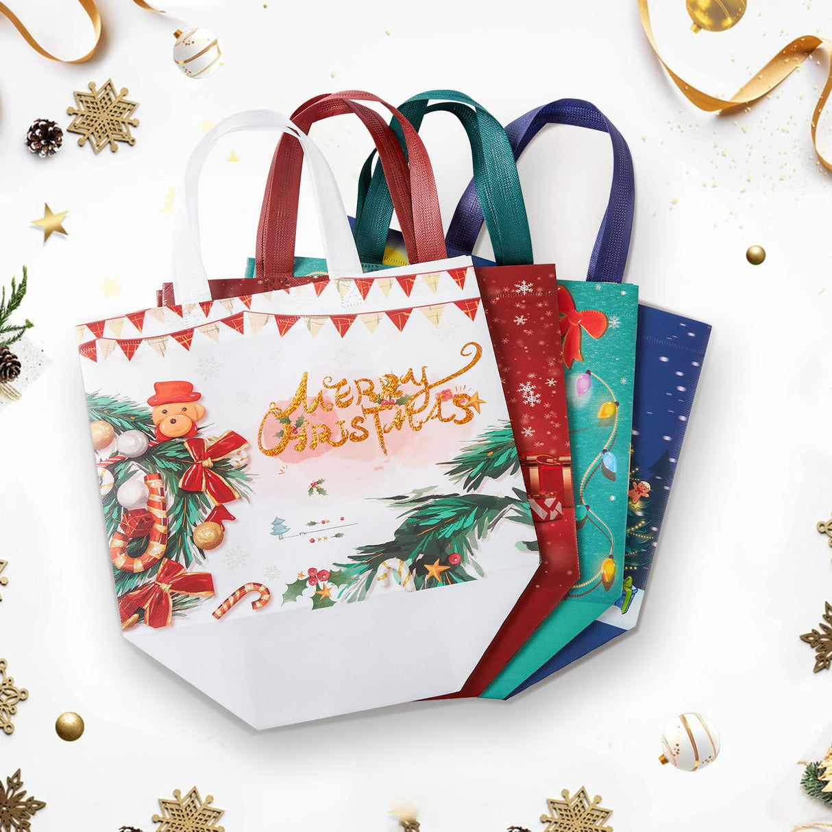 YANGTE 8 Pack Christmas Gift Bags with Handles, Large Non-Woven Tote Bags for Wrapping Xmas Party Favors, 12.8"x9.8"x6.7 YANGTE