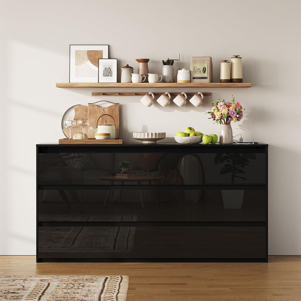 Halitaa Black TV Stand, Storage Cabinet with 9 Drawers for Bedroom Modern Large High Gloss Cabinet for Living Room Office(63" W) Halitaa