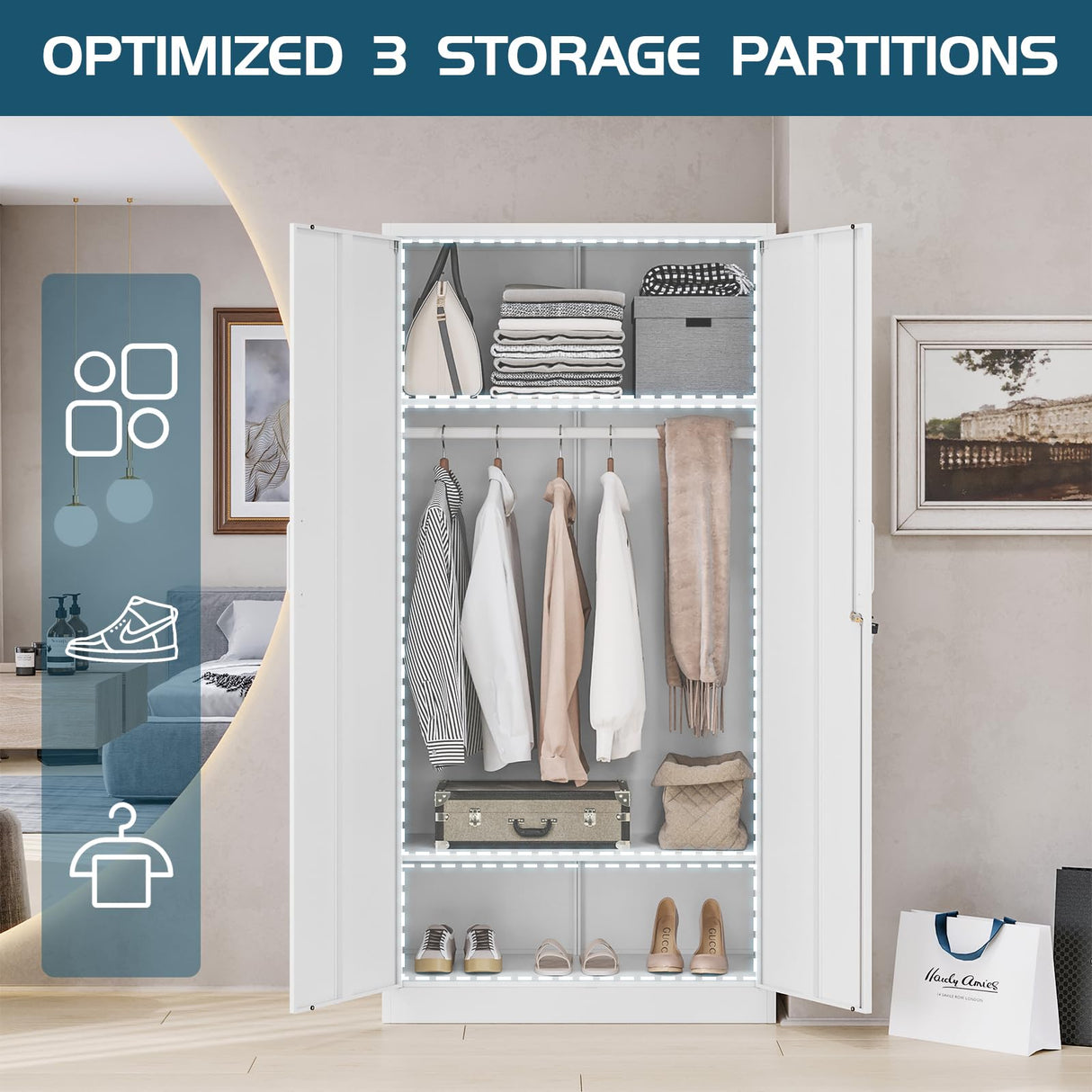 MIIIKO Metal Clothing Storage Locker, Steel Wardrobe Cabinets with Shelves and Hanging Rod, 72" Large Storage Locker Closet for Garments, Sports Equipment and Shoes MIIIKO