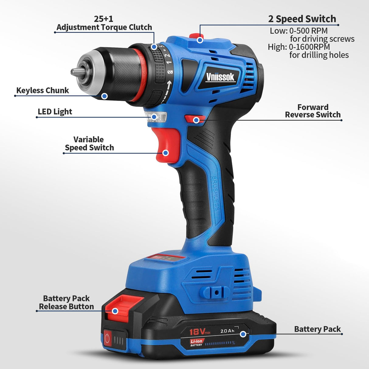 Vniissok Cordless Drill Set,18V Brushless Power Drill Kit with Battery and Charger, 3/8" Keyless Chuck, Variable Speed, Drill Driver Bits Kit for Drilling and Tightening/Loosening Screws Vniissok
