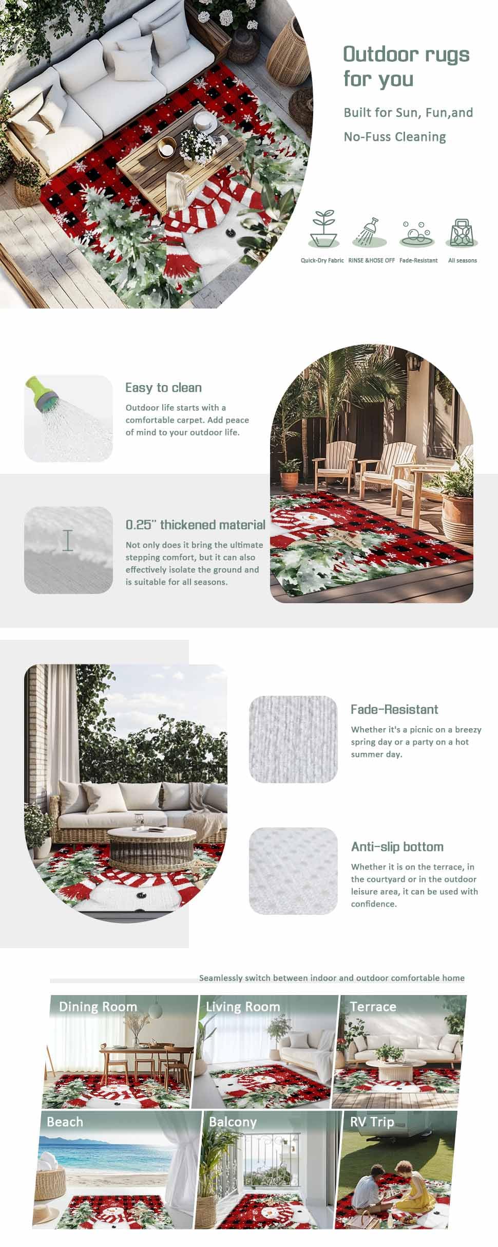 Christmas Red Snowman Outdoor Rug 6x9ft Winter Snowflakes Tree Red Plaid Waterproof Patio Rugs Lightweight Foldable Outside Large Area Rug Carpet for Porch Deck Balcony Backyard Camper Lkicikik