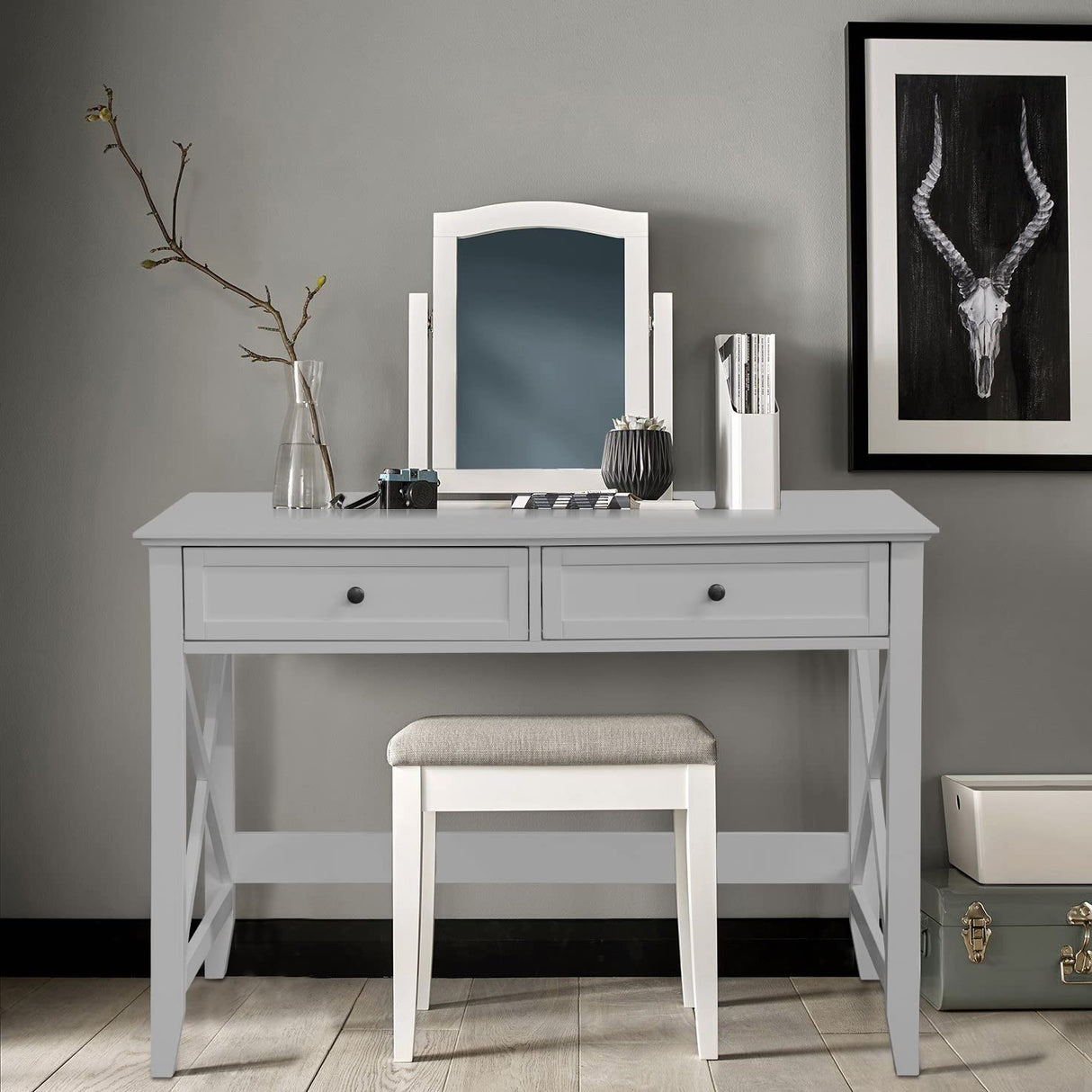 Lewahom Computer Desk with 2 Drawers, Elegant Home Office Writing Study Desk with Storage, Modern Simple Vanity Desk Console Table for Living Room, Grey Lewahom