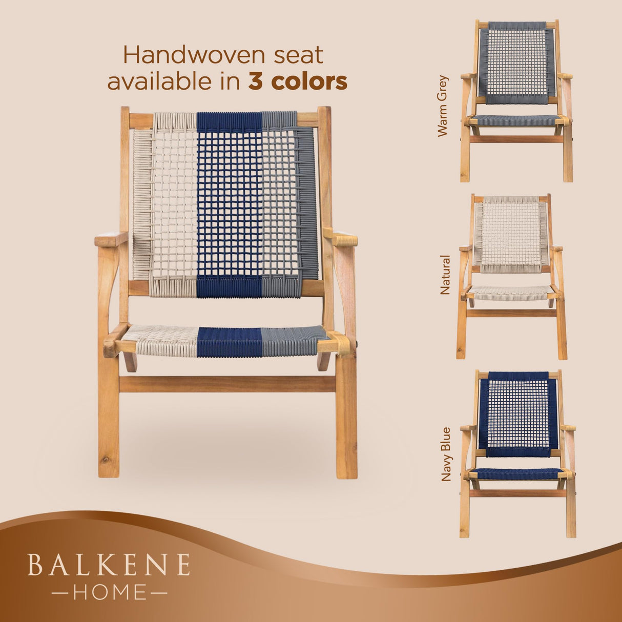 Patio Sense 62773 Vega Natural Stain Outdoor Chair Acacia Wood Construction Hand Woven Seat Mid Century Design Comfortable Reclining Armchair Patio Lawn Garden Backyard Deck - Ecru Cording Patio Sense