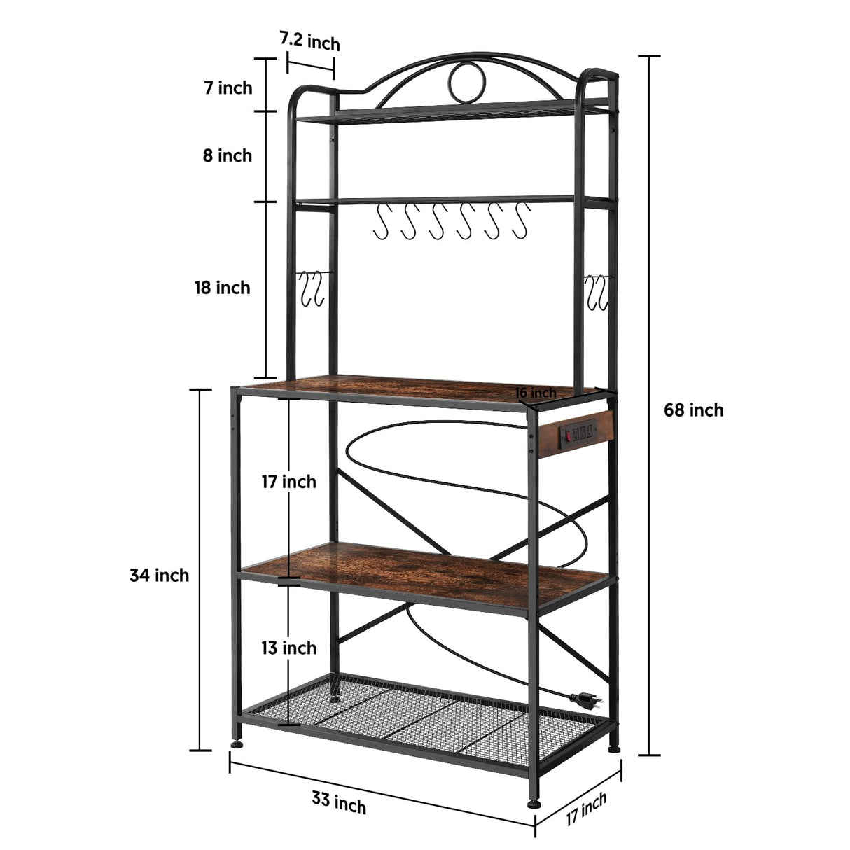 Home Limpidity Bakers Rack for Kitchen, 33-inch Wide Coffee Bar Station with Power Outlet, 5 Tier Microwave Stand Storage Shelf with S-Shaped Hooks, Metal Frame with Brown Wood Tabletop Home Limpidity