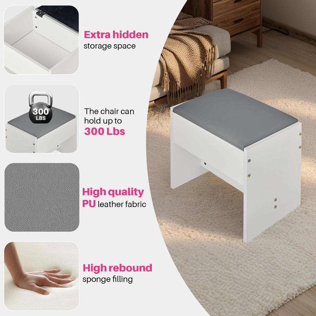 Redlife Farmhouse Vanity Desk with Mirror and Lights, 46" Vanity Set with Stool & Charging Station & Jewelry Cabinet - Makeup Vanity Desk with Glass Tabletop, 4 Drawers, Antique White Redlifeᅟᅠ