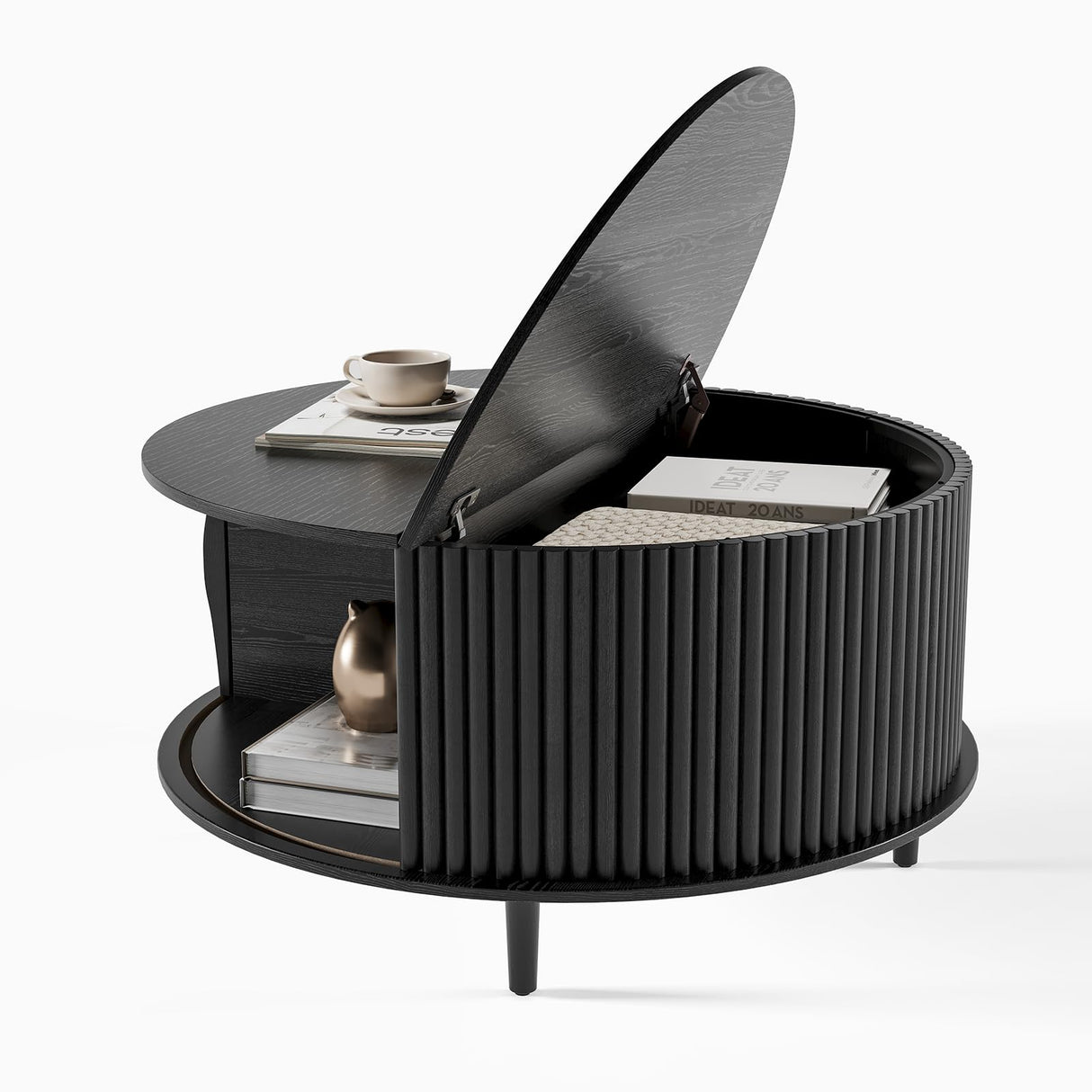 JOINICE,Round Coffee Table with Storage,Mid Century Modern Coffee Table with Sliding Cabinet Door,Coffee Table for Living Room,31.5" Small Center Table,Black JOINICE