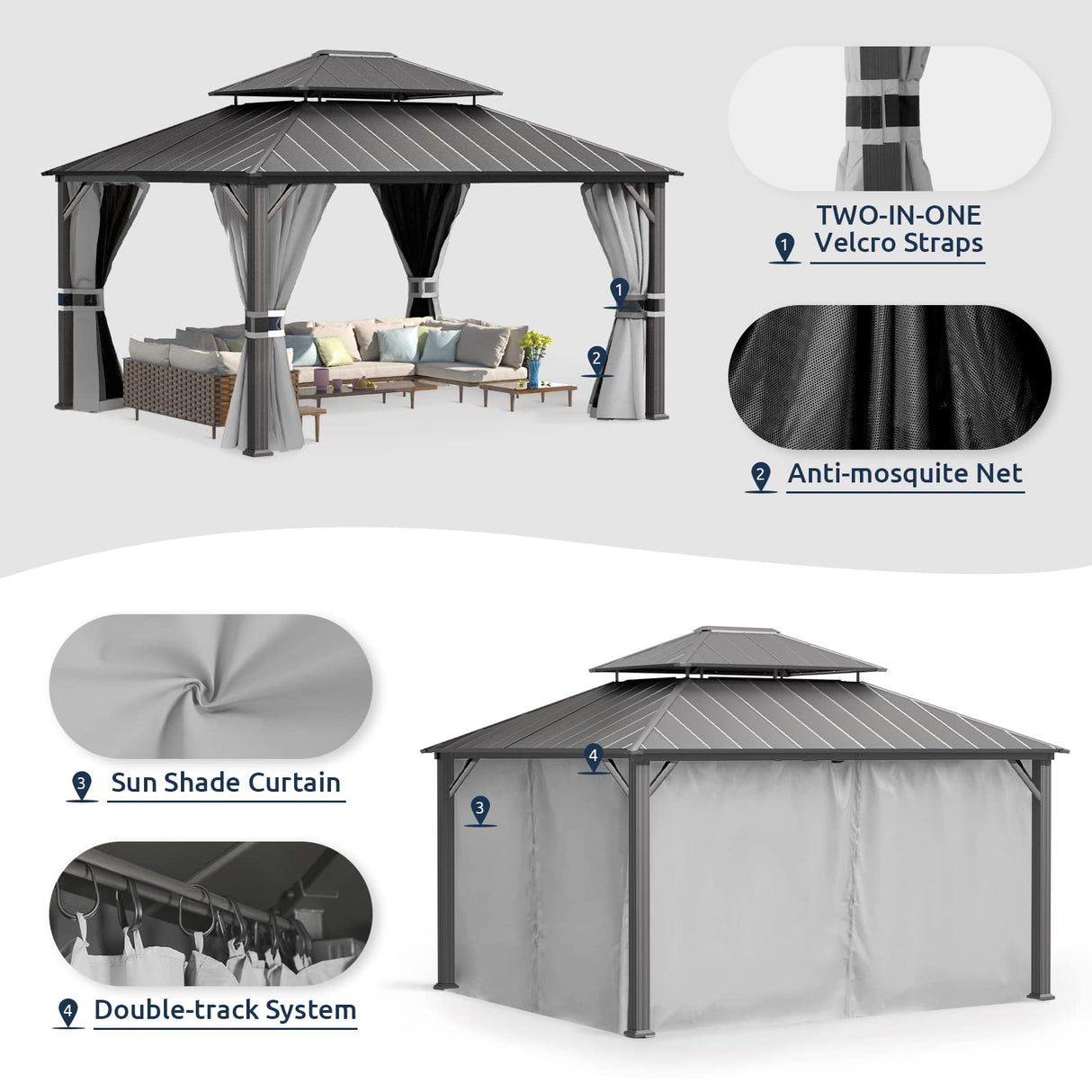 UDPATIO 12' x 14' Hardtop Gazebo, Galvanized Steel Double Roof Permanent Aluminum Gazebo, Outdoor Metal Pergolas with Mosquito Netting and Curtains for Garden, Parties, Patio, Deck, Lawns, Grey UDPATIO