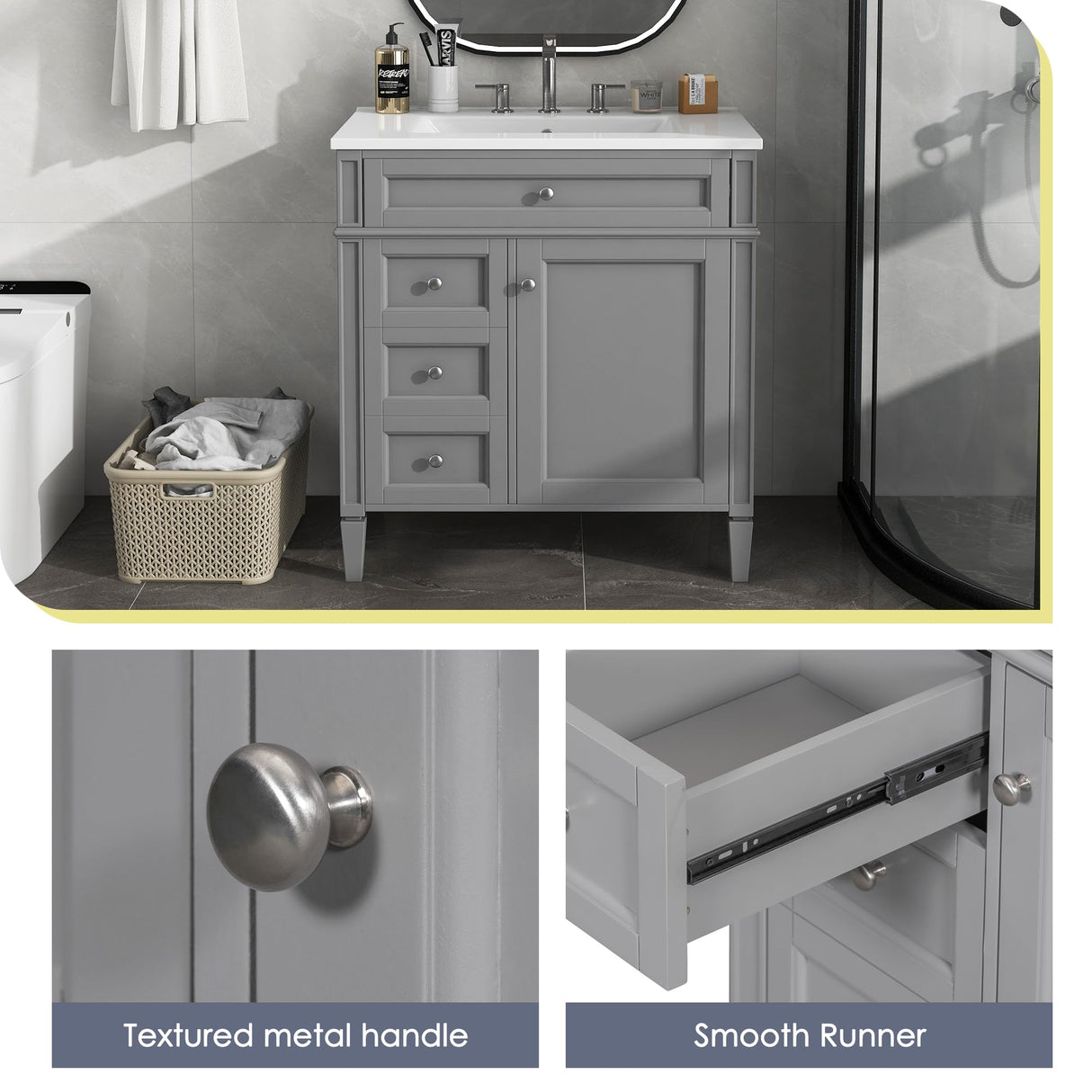 Virubi 30" Bathroom Vanity with Single Sink Combo, Modern Undermount Bathroom Sink Cabinet with 2 Drawers and a Tip-Out Drawer, Freestanding Bathroom Vanities, Soft Closing, Solid Wood Frame Virubi