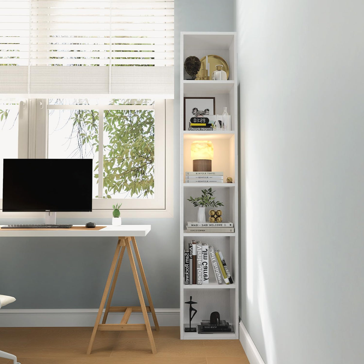 MXV Narrow Bookshelf, 6-Tier Open Bookcase, Coner Shelf, Storage Shelves, Display Storage Shelves, Floor Standing Unit, Home Decor, Furniture for Home Office, Living Room, Bedroom, White MXV