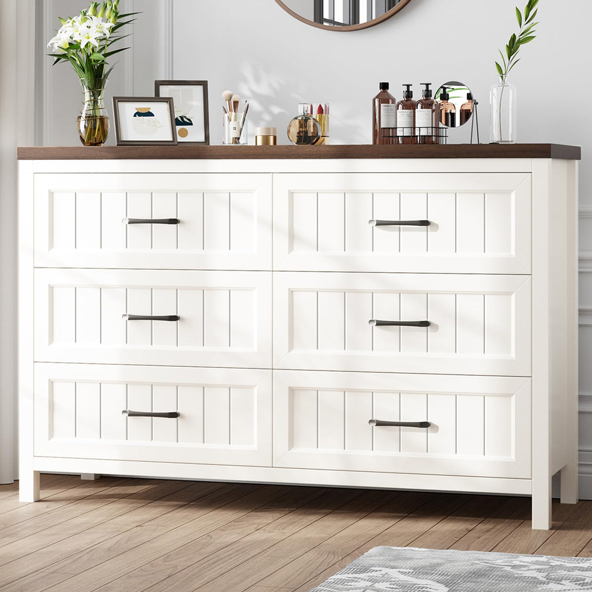 Jocoevol Farmhouse Dresser 6 Drawer Dresser for Bedroom, Large Wooden Dressers Double Grey Dresser with Deep Drawers Dressers for Hallway, Entryway (White and Brown) Jocoevol