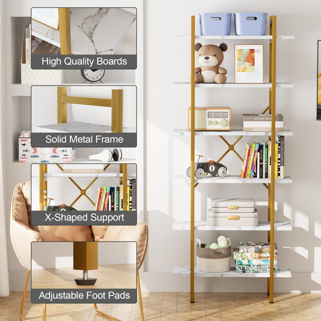 Azheruol 6 Tiers Bookshelf Organizer White Faux Marble Shelf,Modern Open Display Storage Bookcase, and Metal Bookshelf Standing Storage Shelf Tall Shelving Units for Home Office Study Azheruol