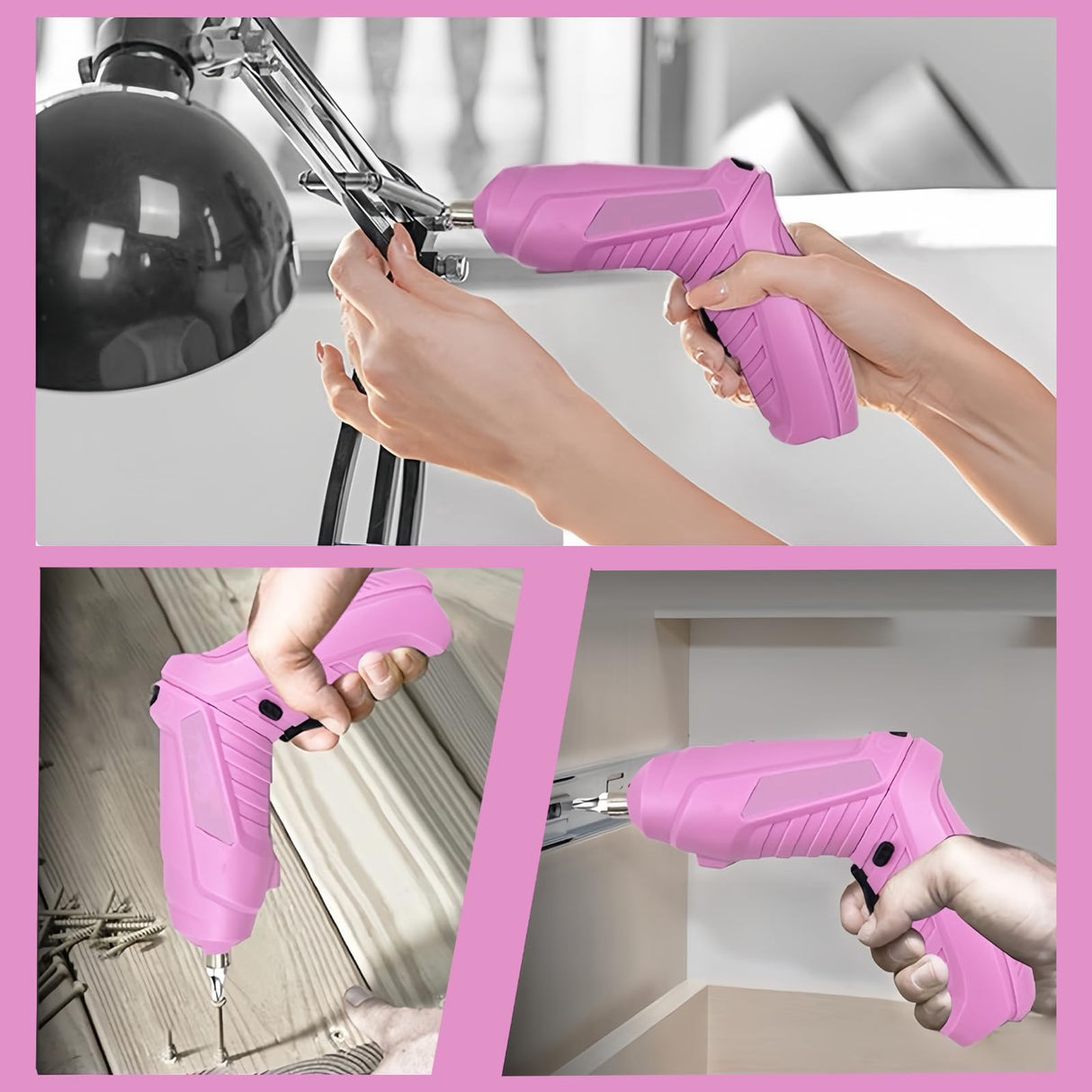 Electric Screwdriver Pink Power Drill Set for Women, 47-In-1 Screwdriver and Drill Set Rechargeable, Multifunctional Cordless 4V Electric Automatic Screwdriver Drill with Battery and Charger Home DIY Tsisixia