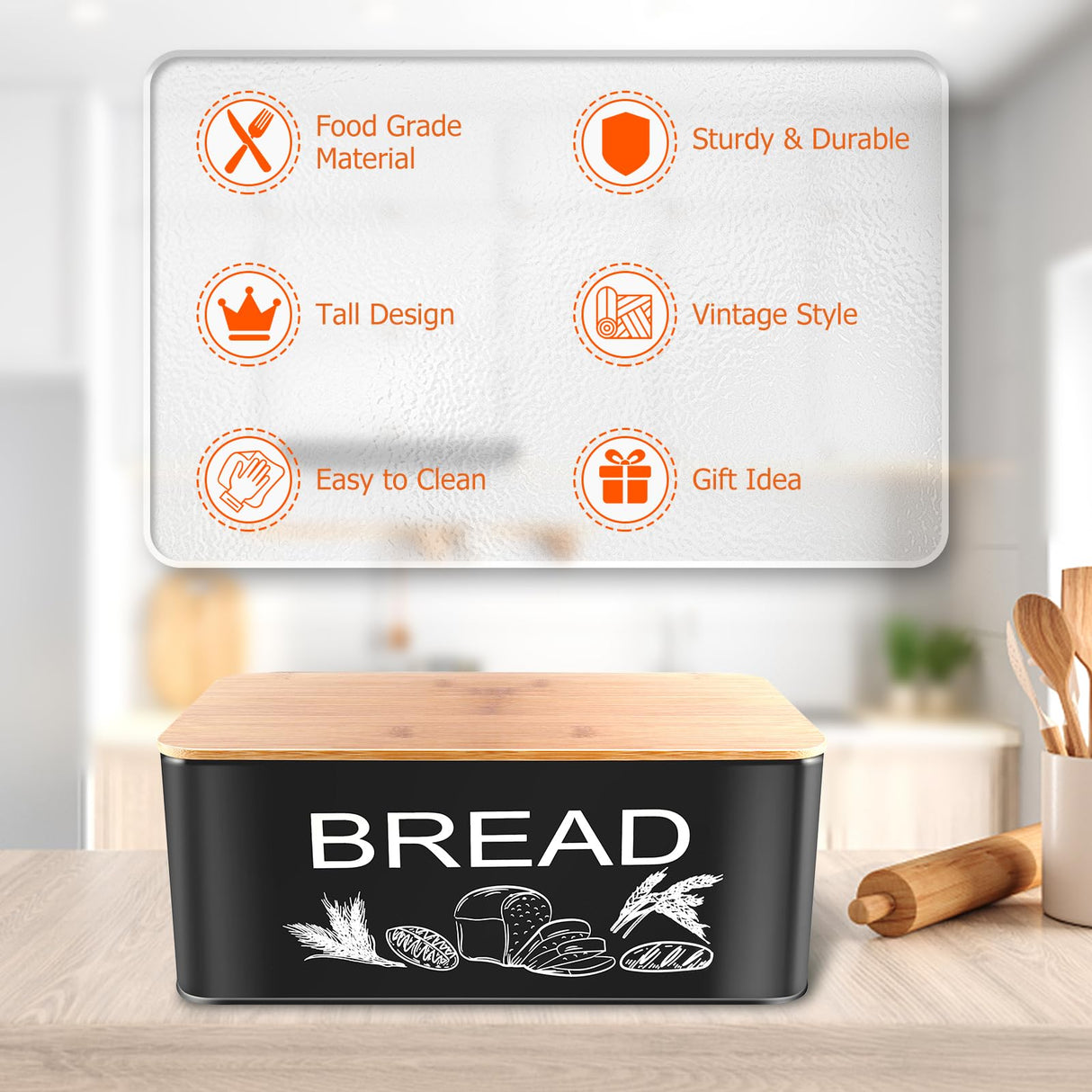 JIGUOOR Black Bread Box, Large Space Saving Vertical Metal Bread Box with Wooden Cutting Board Lid, Holds 2+ Loaves, Farmhouse Bread Bins for Kitchen Bread Storage,Kitchen Parts Box JIGUOOR