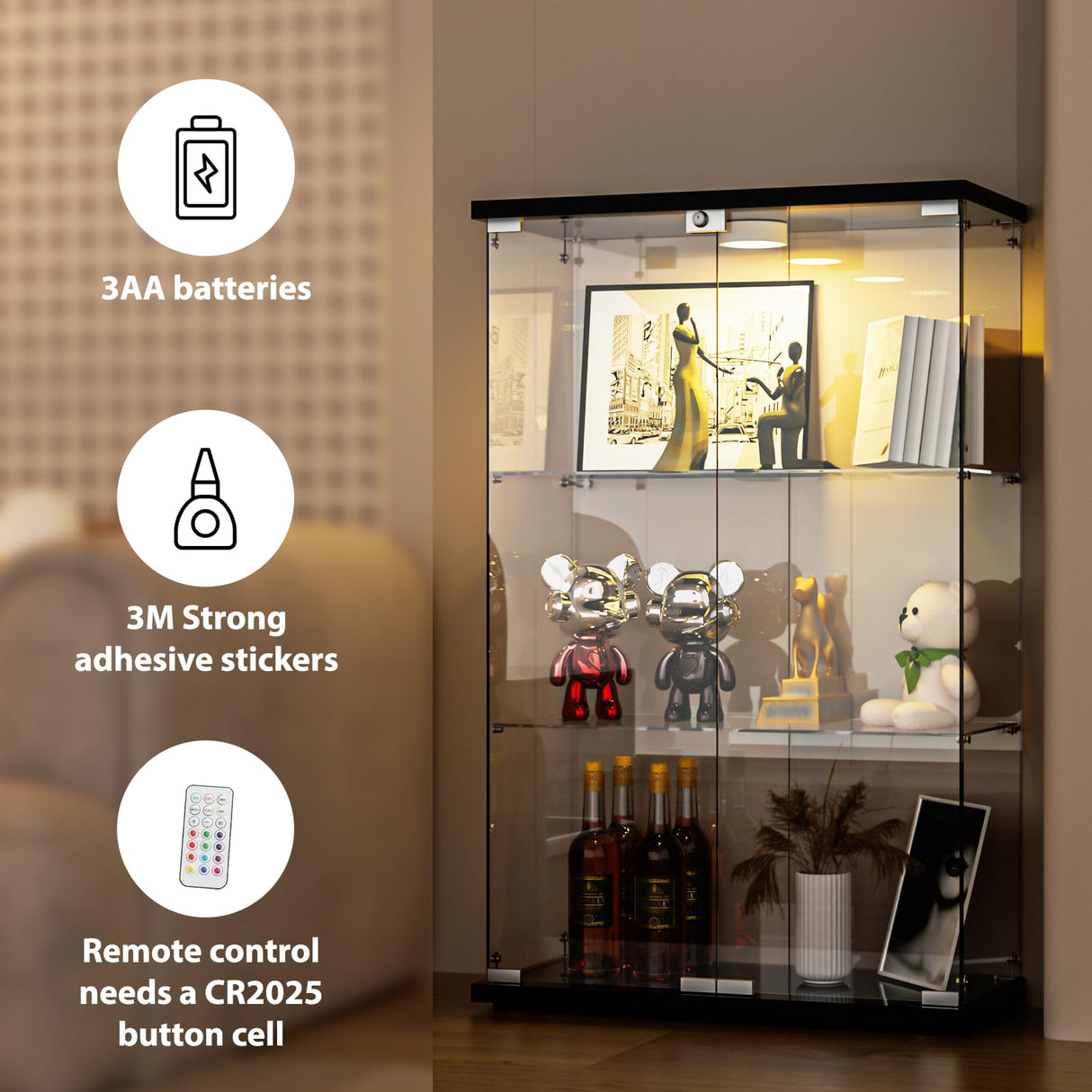 FANYUSHOW Glass Display Cabinet with LED Light, 2 Doors and Lock, Quick-Install Style 3-Shelf Curio Cabinet 5mm Tempered Glass Bookshelf for Living Room, Bedroom, 49" H x 32''L x 14''W (Black) FANYUSHOW