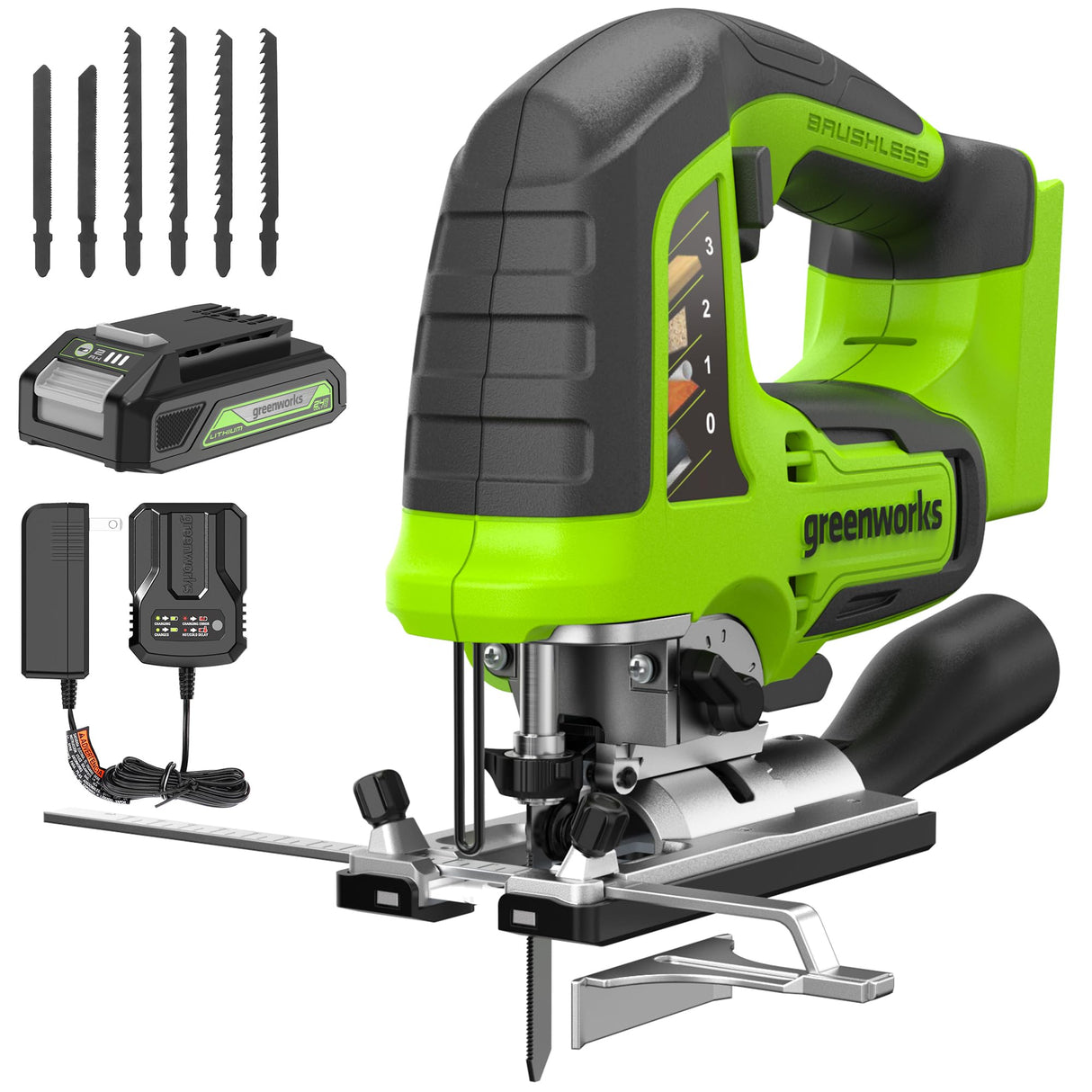 Greenworks 24V Cordless Jig Saw,3000 SPM Brushless 1 Inch Stroke Length Jigsaw with 6PCS Blades,4 Orbital Settings,45 Degree Cutting Angle,Tool-Free Blade Changing Greenworks