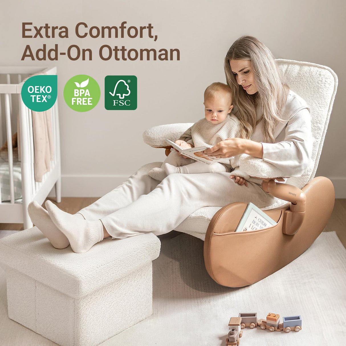 MAMAZING Nursery Rocking Chair Glider with Adjustable Armrests for Breastfeeding, Upholstered Nursing Chair with Removable Cover for Mom and Baby(Brown/Beige) MAMAZING