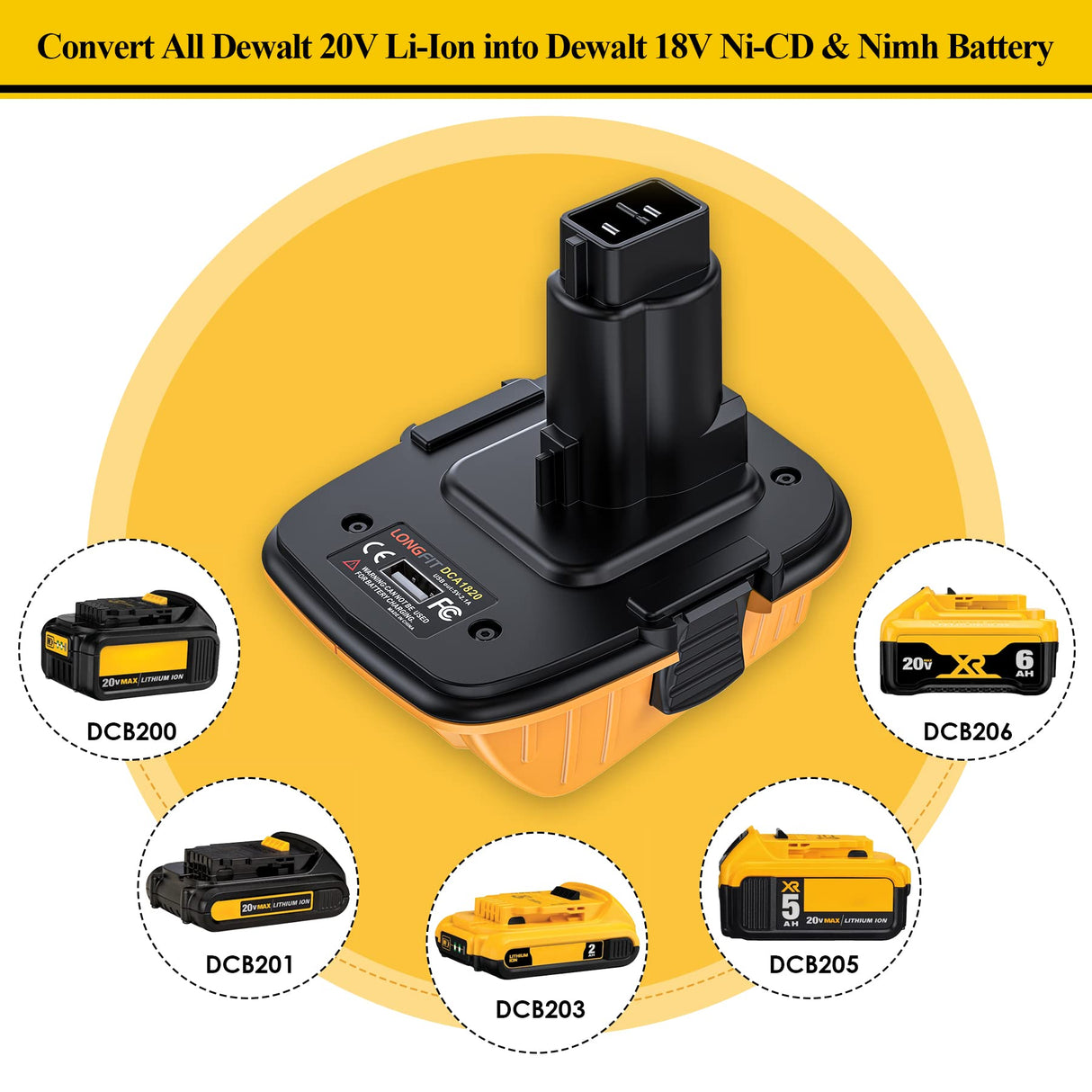Replace for DeWalt Battery Adapter 18V to 20V DCA1820, Convert 20V Lithium Battery to 18V NiCad & NiMh Battery DC9096 DC9098 DC9099 DW9098 DW9096, with 5V USB Port, for Drills, Sanders and More LONG FIT
