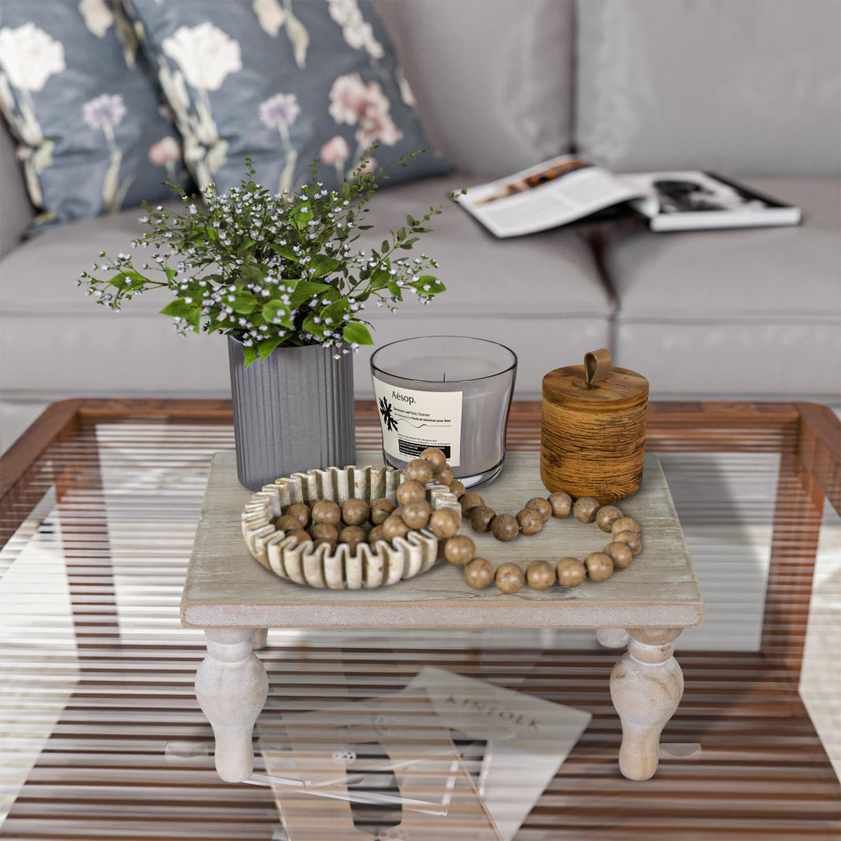 MAONAME Decorative Wooden Display Riser, Farmhouse Wood Pedestal Stand for Display, Rustic Washed White Tray Riser for Kitchen, Home Table Decor, Short and Tall Footed MAONAME