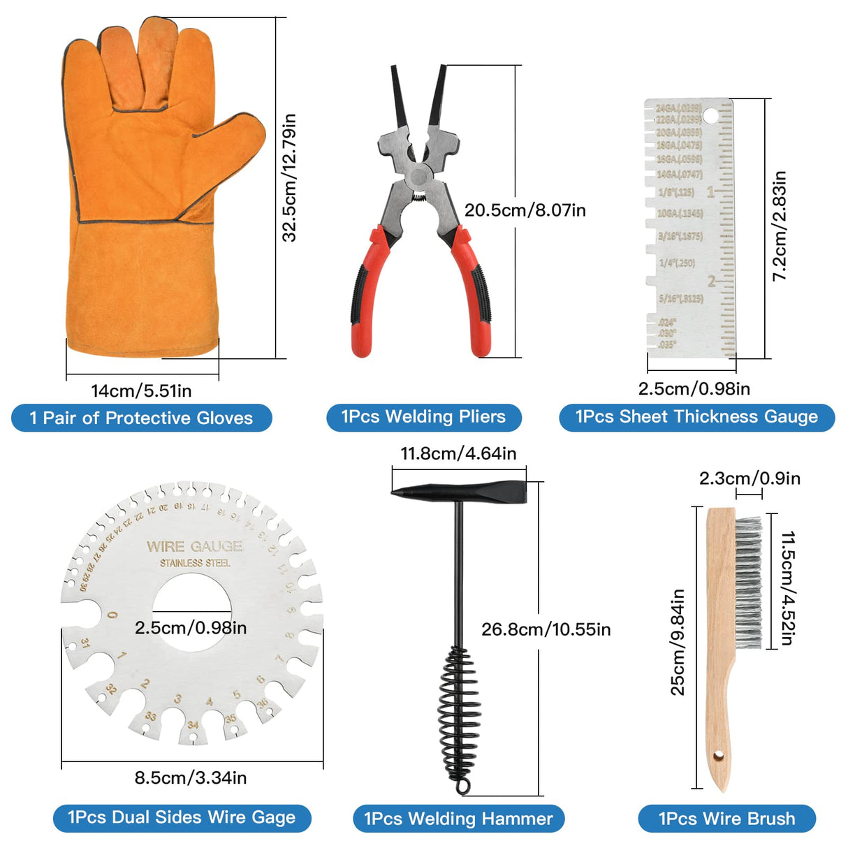 Worldity 6Pcs Welding Slag Removal Tool Set, 10 Inch Welding Chipping Hammer with Coil Spring Handle, Welding Pliers, Wire Brush, Metal Sheet Thickness Gauges and Welding Gloves for Removing Slag Worldity