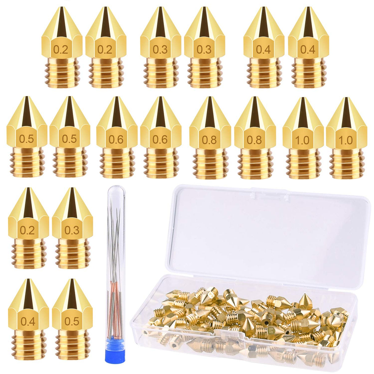 TUPARKA 70Pcs 3D Printer Nozzle Kit MK8 Extruder Nozzles Brass Print Head 0.2mm, 0.3mm, 0.4mm, 0.5mm, 0.6mm, 0.8mm, 1.0mm with Storage Box Compatible with 3D Printer Makerbot Creality CR-10 Ender 3 5 TUPARKA