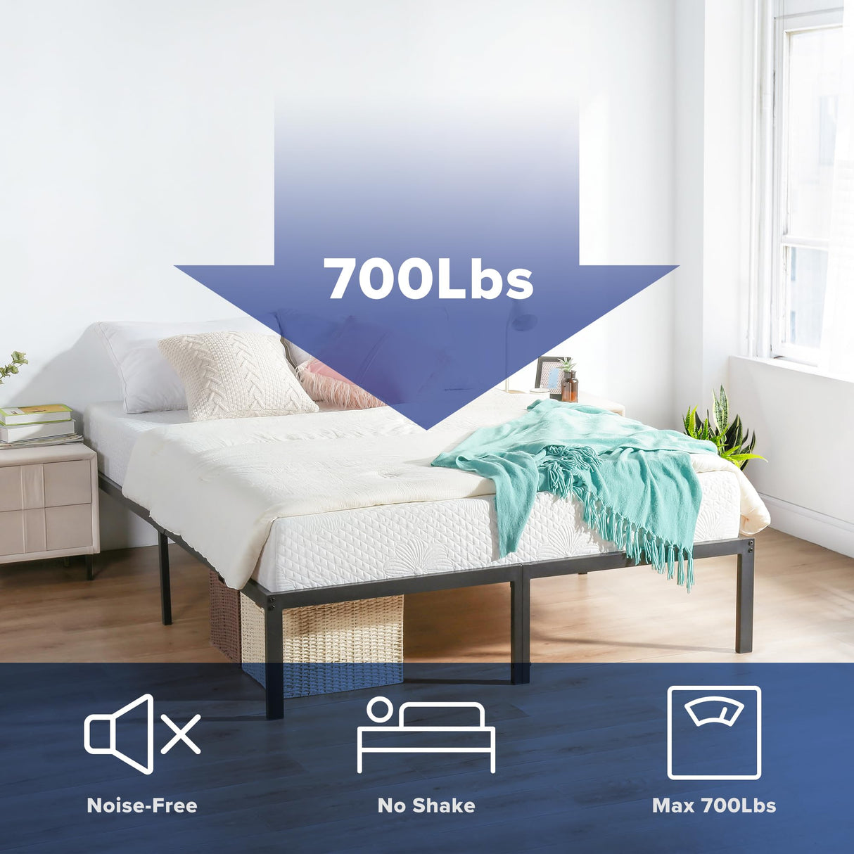 Olee Sleep 18 Inch Heavy Duty Steel Slat Anti-Slip Support, Easy Assembly Platform Bed Frame, Noise Free Steel Mattress Foundation, Maximum Storage, No Box Spring Needed, Black, Queen Size Olee Sleep