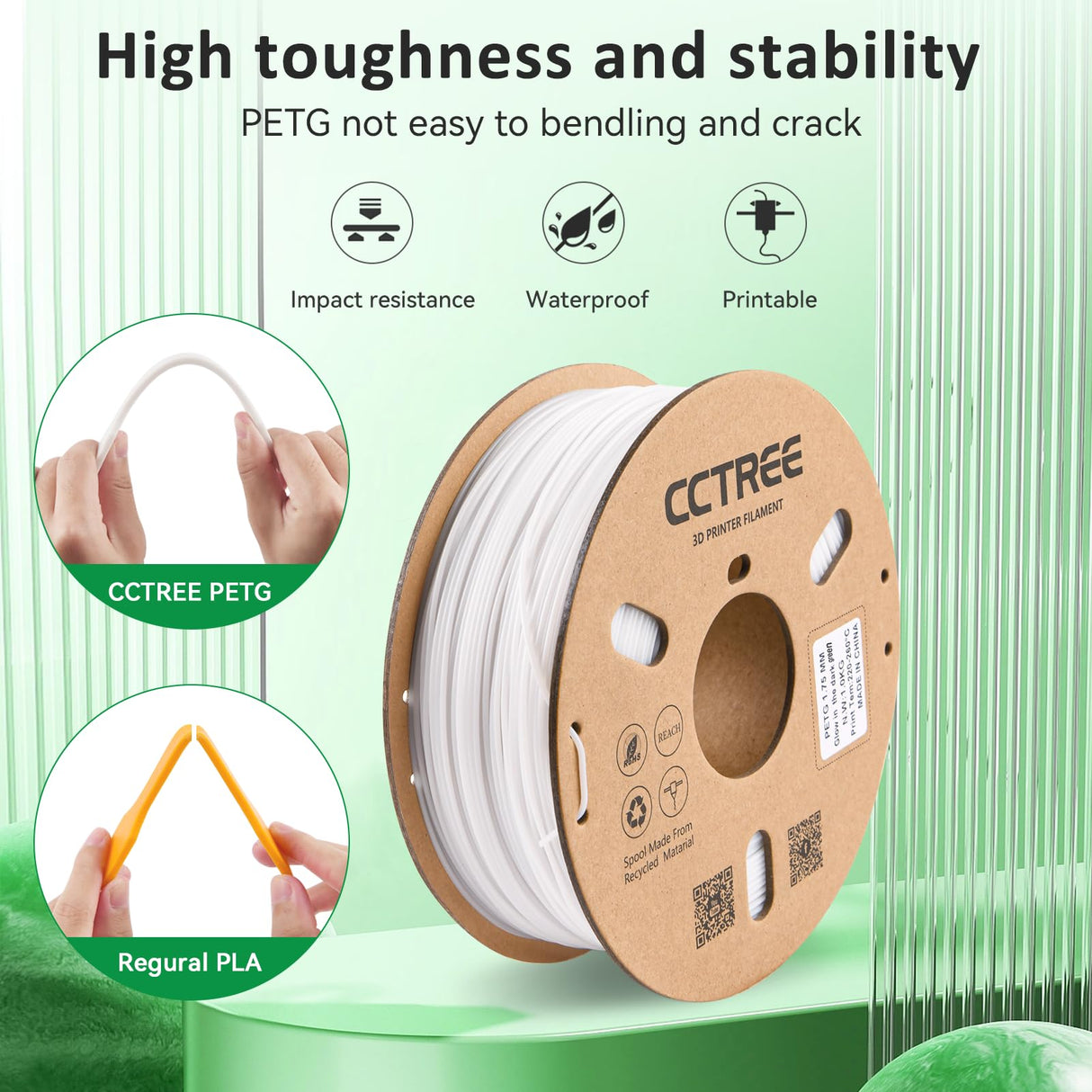 CCTREE High Speed Printing PETG Filament 1.75mm,3D Printer Filament 1KG Spool,Easy Print Filament Accuracy±0.03mm Glow in Dark Green CCTREE