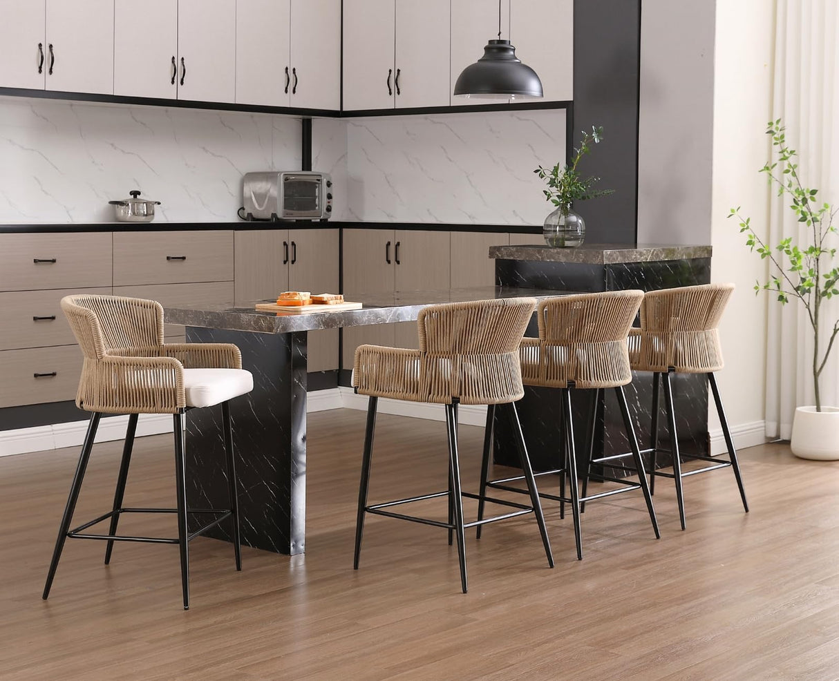 ROCITY Woven Counter Height Bar Stools Set of 2 Beige Linen Counter Stools 26 Inch Farmhouse Barstools with Wicker Back Comfy Upholstered Rattan Bar Chairs for Kitchen Island/Patio Garden ROCITY